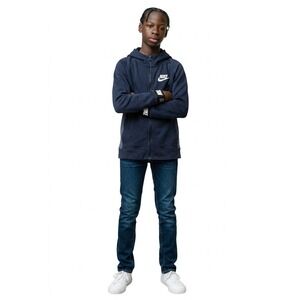 Nike Boys Full Zip Hoodie Navy Blue Grey Sportswear Mesh Hood Sweatshirt Size M